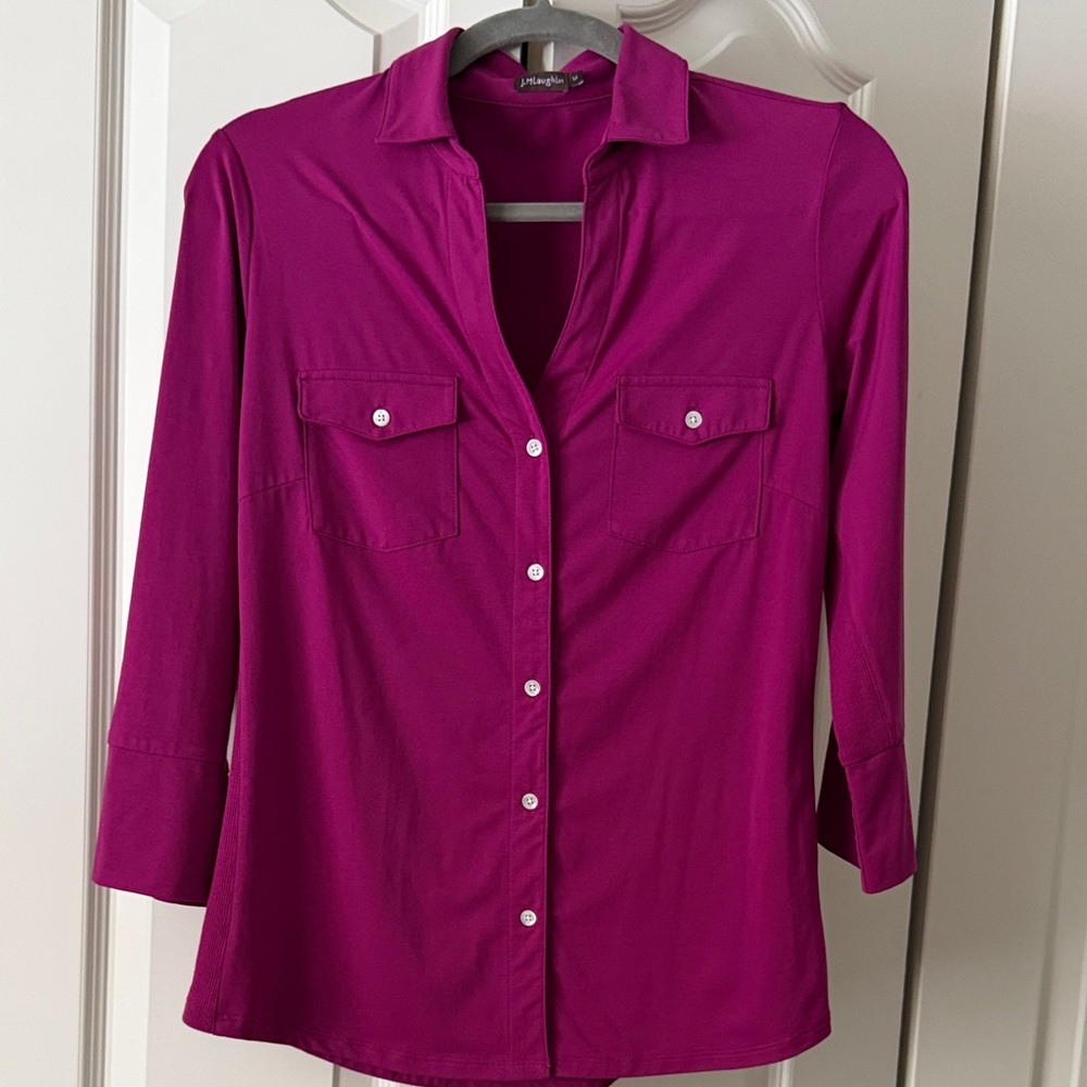 J. McLaughlin Purple Button-Up Women's Top, 3/4 sleeve w/soft jersey detail.